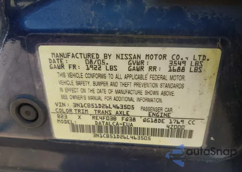 2006 Nissan Sentra 1.8 from USA, damaged, VIN 3N1CB51D26L463505